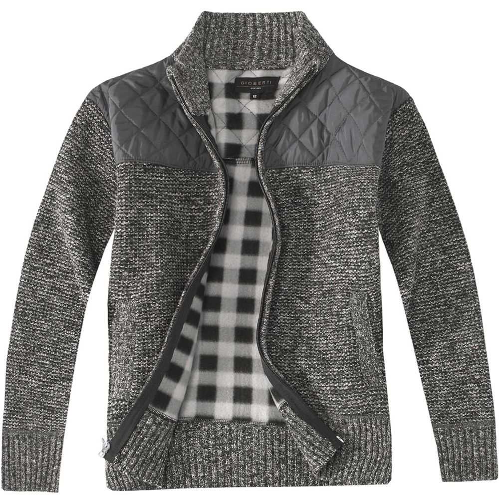 Gioberti Boy's Knitted Full Zip Cardigan Sweater Flannel Lining Quilted Shoulder